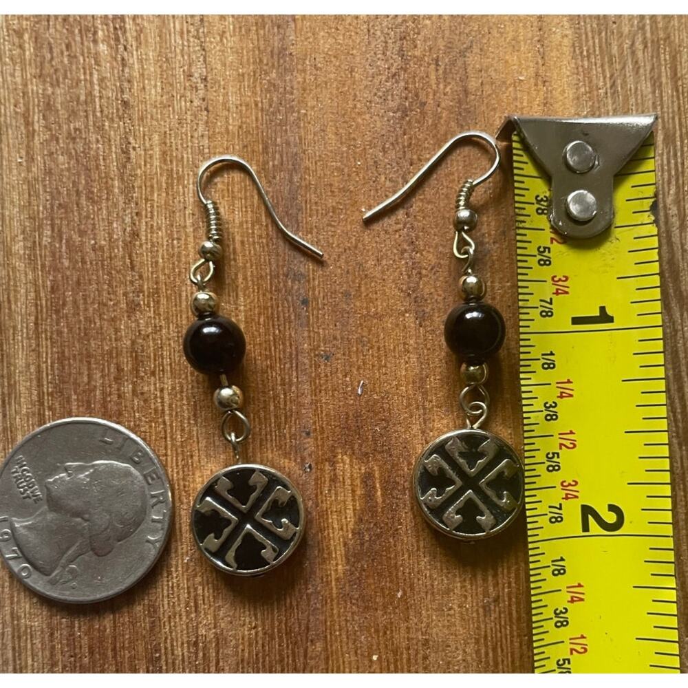 Women's/Teen Black Drop/Dangle Earrings with Gold Logo Feminine Elegant - Picture 4 of 5